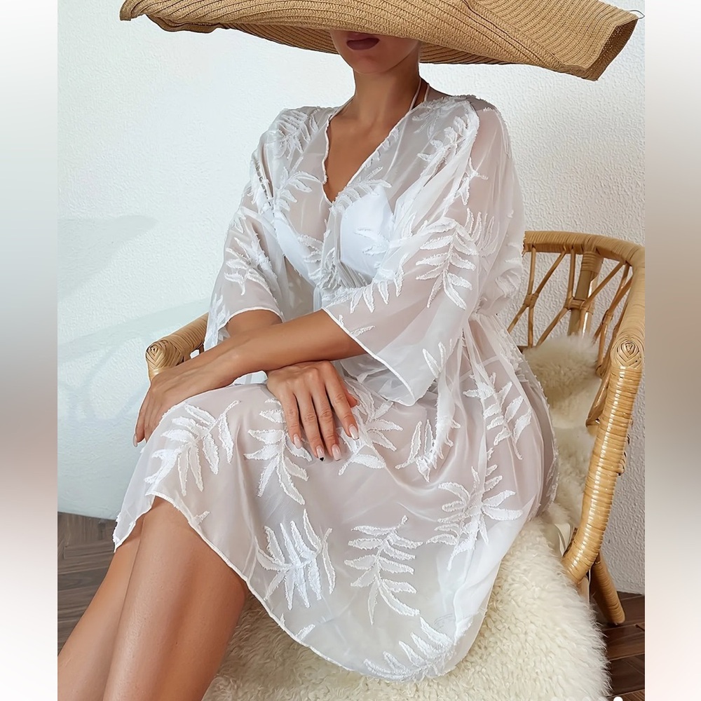 White Leaf Print Embroidered Beach Cover-Up Dress - Picture 5 of 5